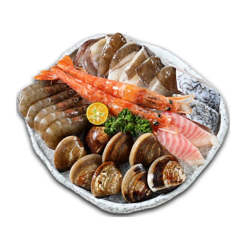 大蝦、鮮蝦、軟絲、蛤蜊及魚片的綜合海鮮盤