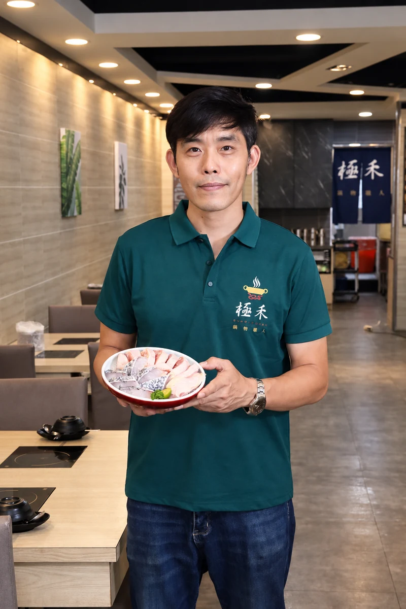 極禾鍋物創辦人 Chef Lee 李莒民在店內手持食材盤