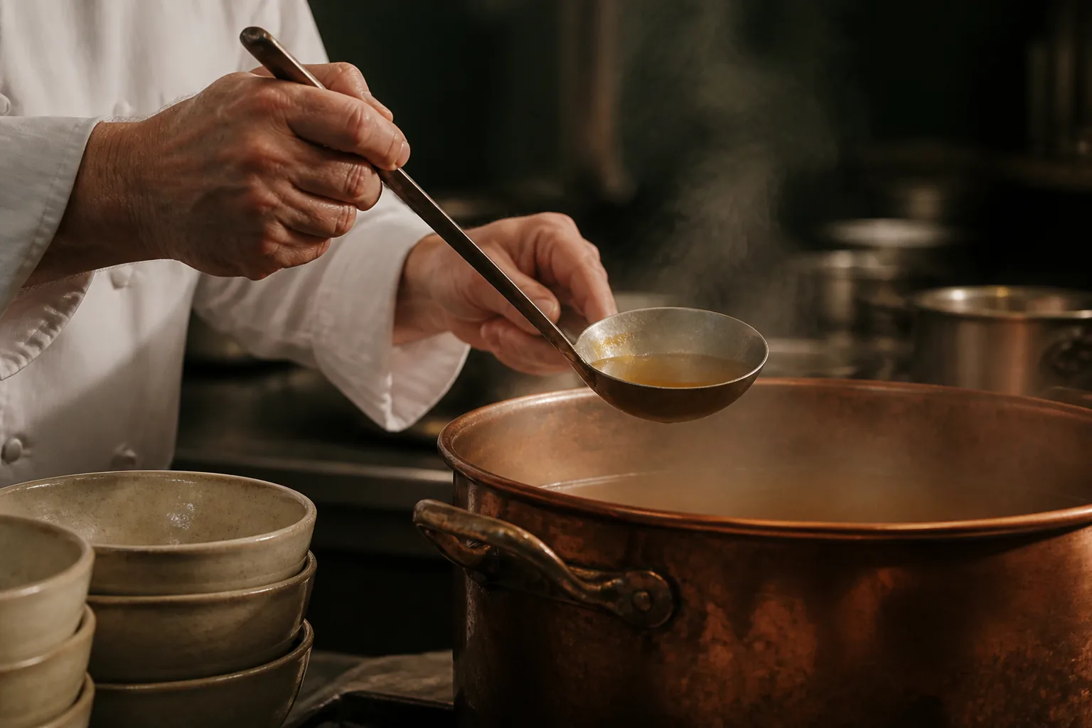 主廚雙手舀起熱湯、親自確認湯的狀態