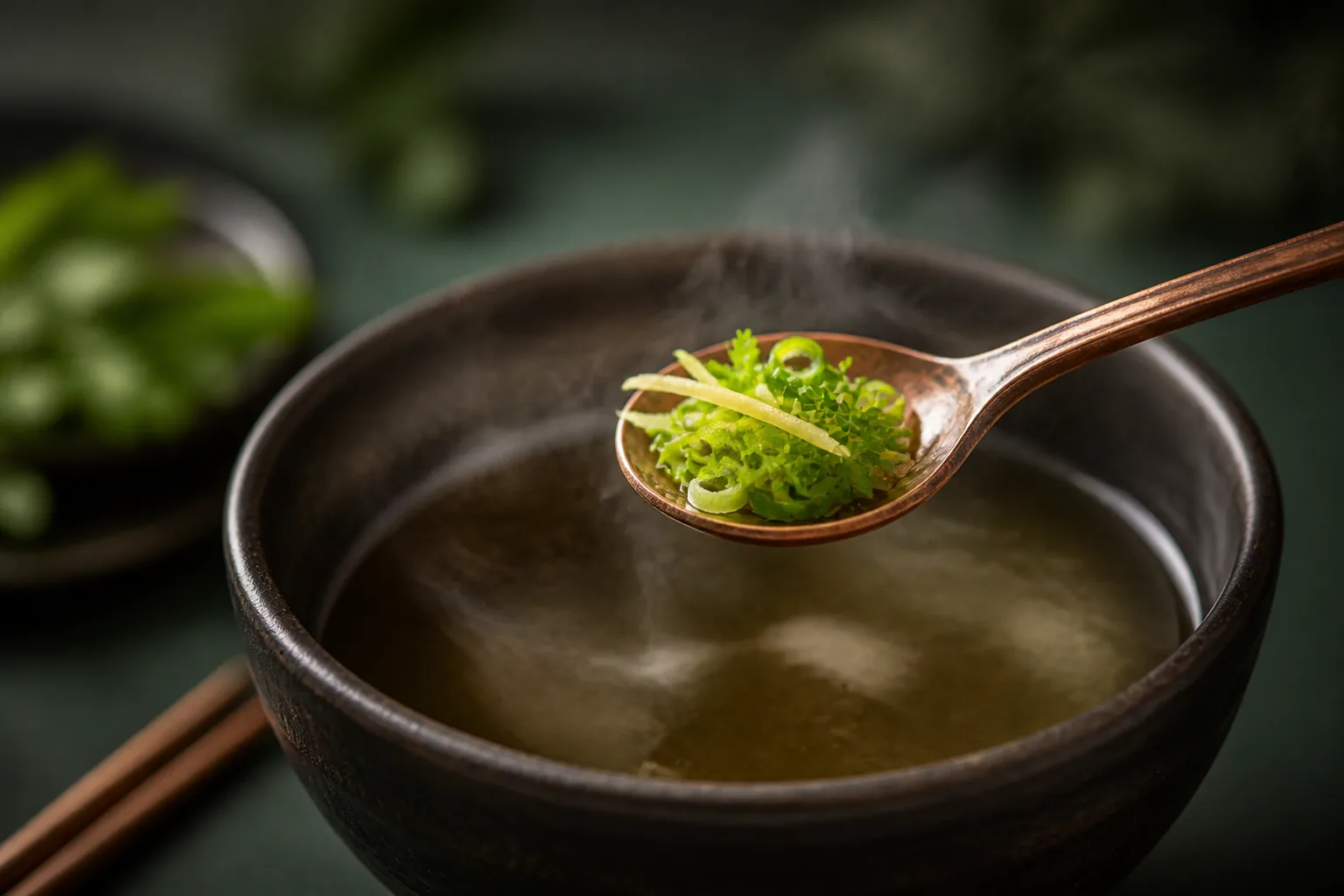 辛香與香草停在熱湯上方,準備替一碗湯完成最後香氣