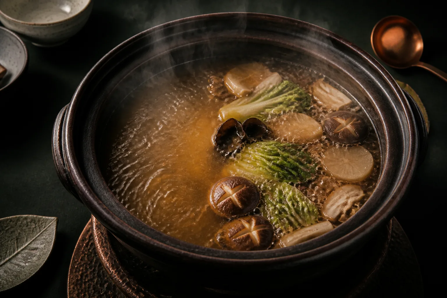 一鍋湯從清亮到放入食材,呈現餐程中的風味變化