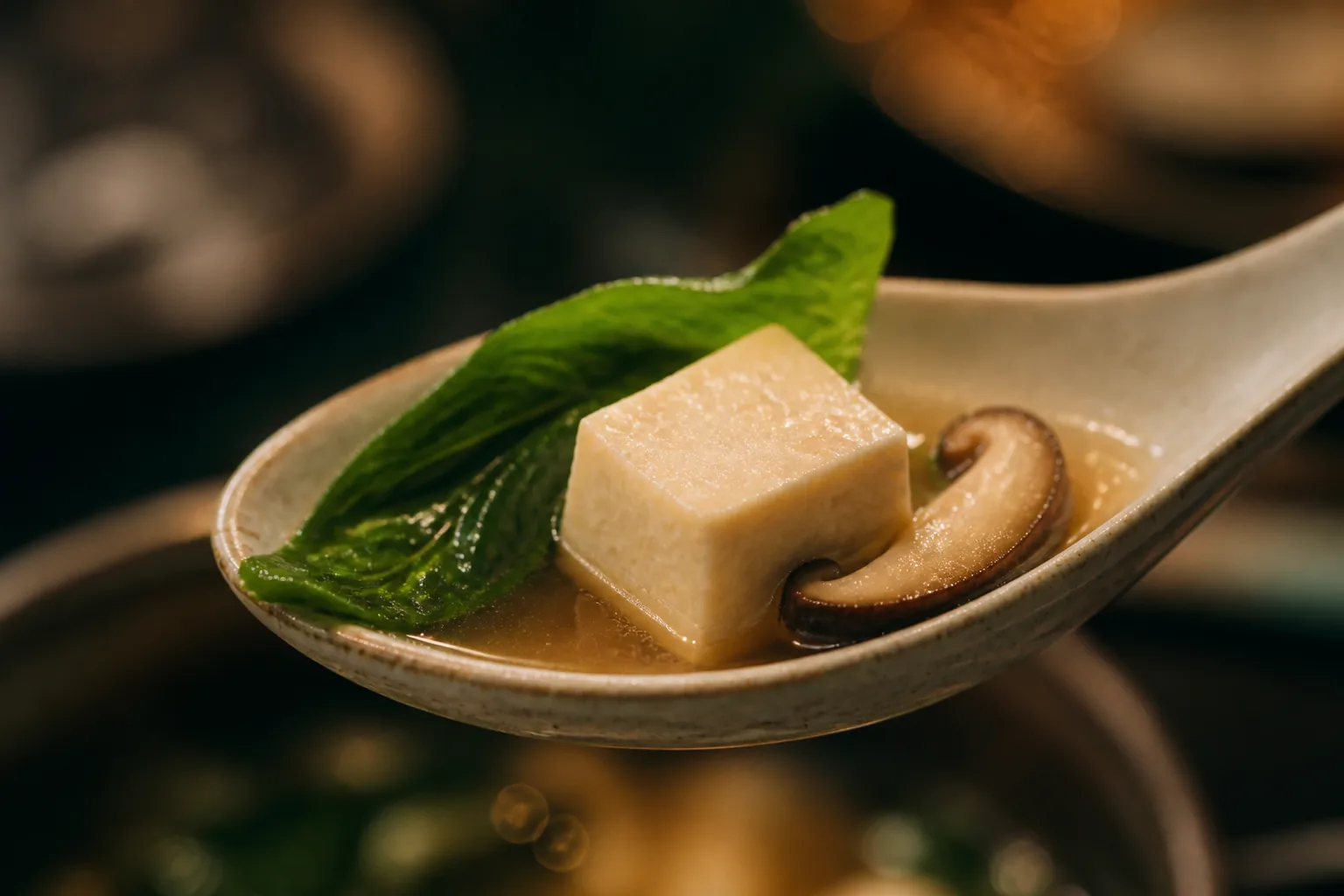 湯匙裡組合柔嫩豆腐、清脆綠葉、菇片與少量熱湯