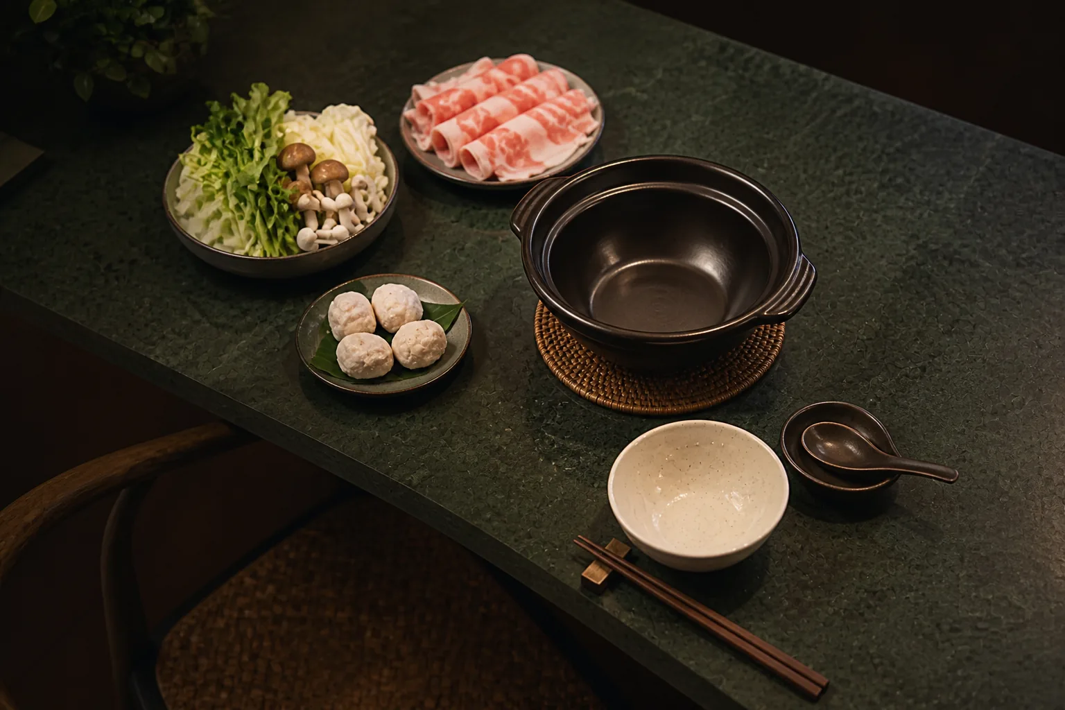 一人鍋席位依序擺好湯鍋、餐具與食材,呈現從容的開始