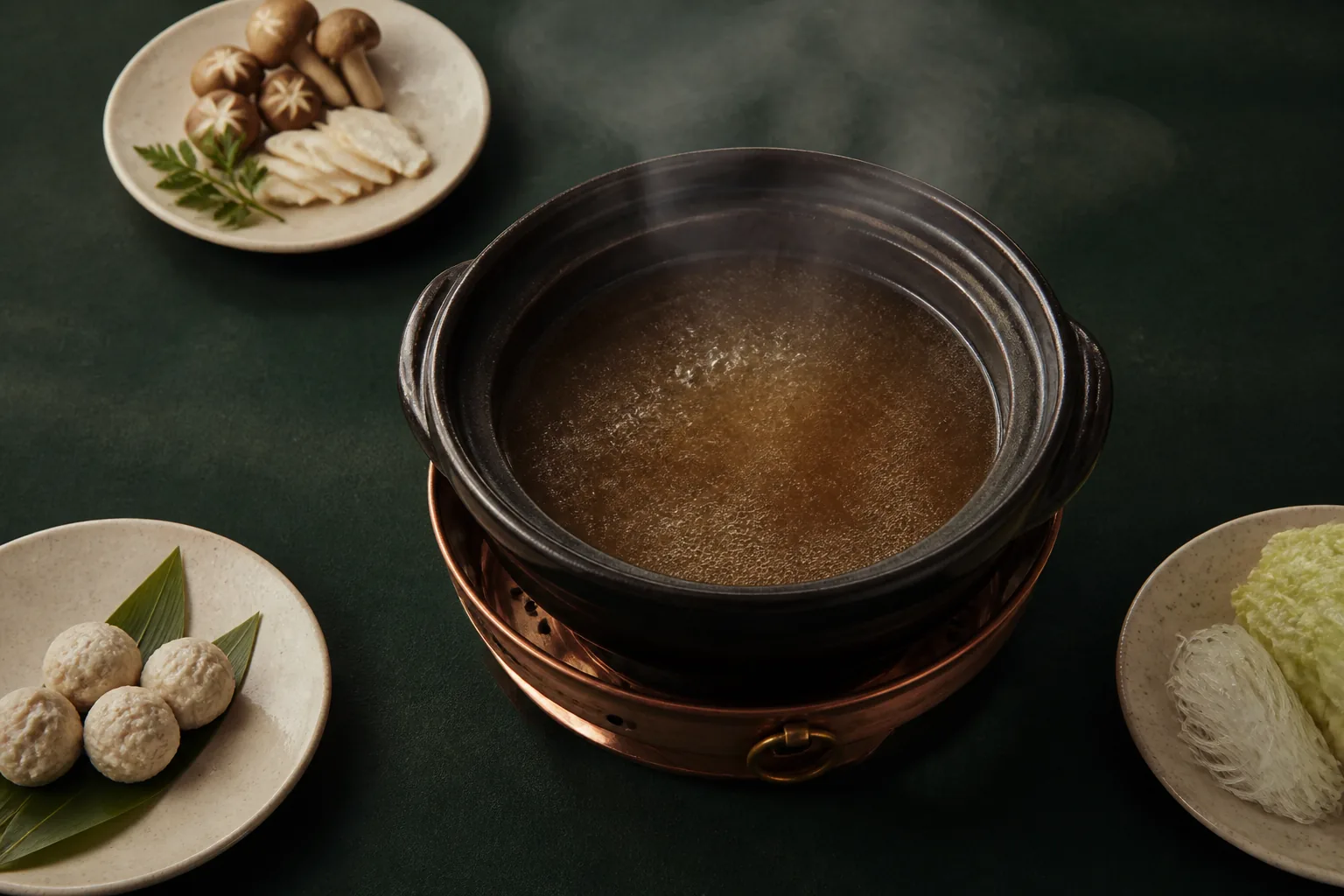 食材分盤圍繞平靜湯鍋,每一輪之間保留清楚空間