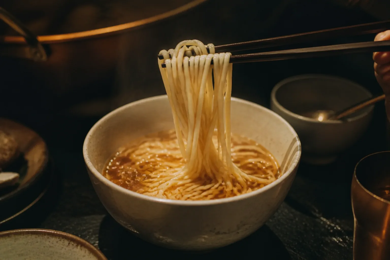 筷子從餐末熱湯中提起麵條,替一頓鍋物溫柔收尾