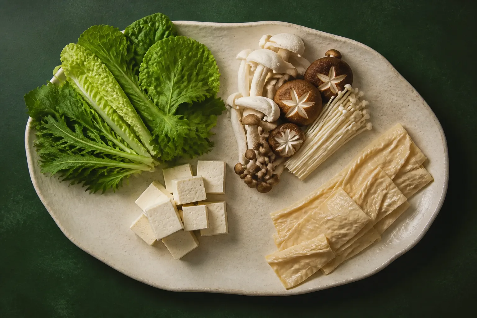 葉菜、豆腐、菇類與豆皮依不同口感排列成一桌食材地圖